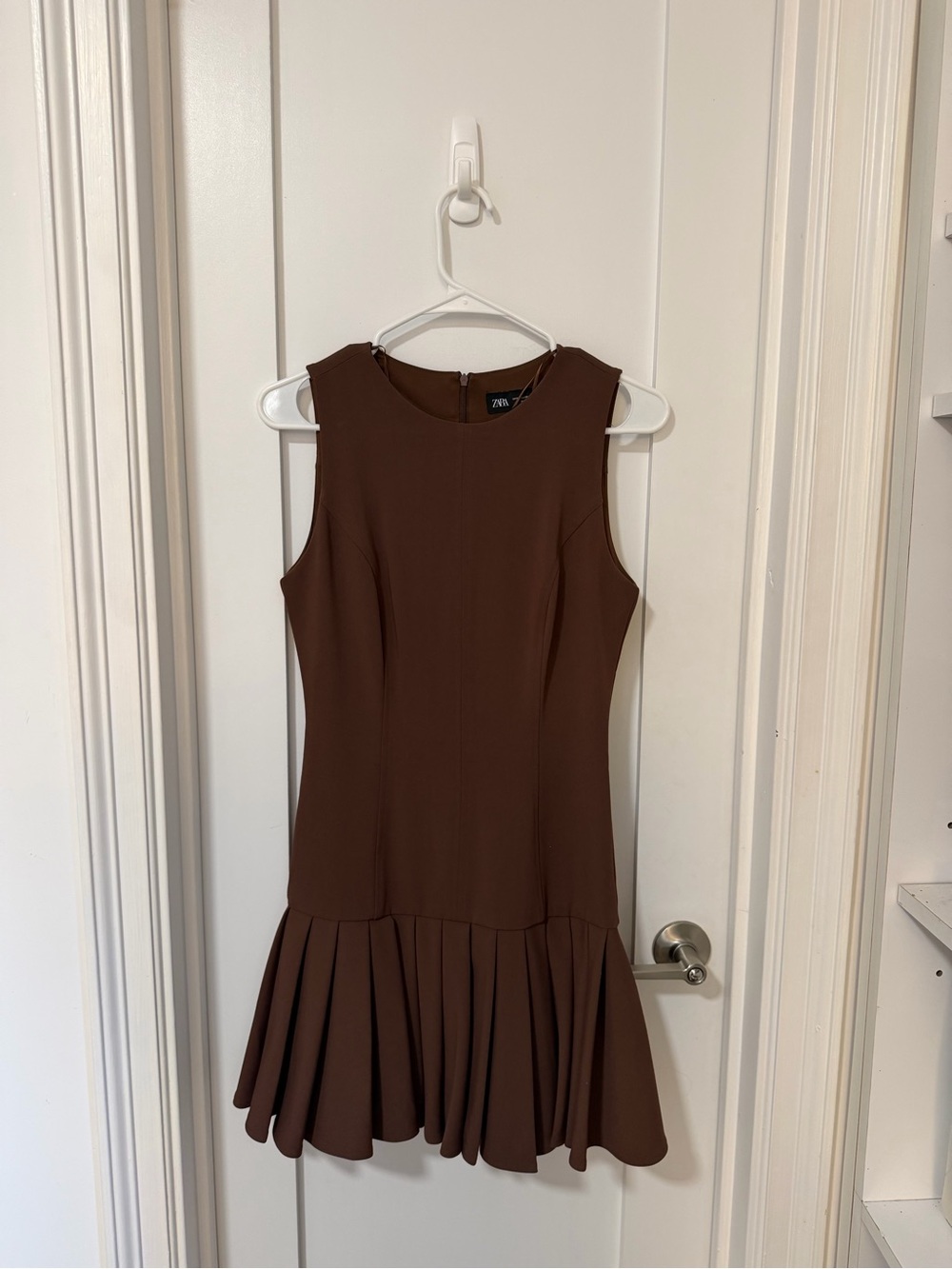 Zara Chocolate Brown Sleeveless Midi Dress with Pleated Hem